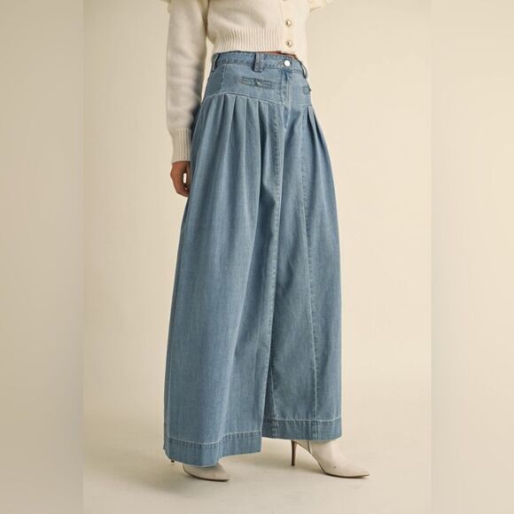 903. DENIM PLEATED WIDE LEG PANTS - Picture 9 of 10